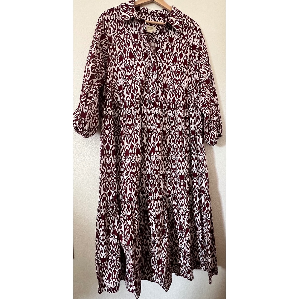 Anthropologie Bettina 2X Burgundy White Ikat Print Tiered Cotton Midi Dress